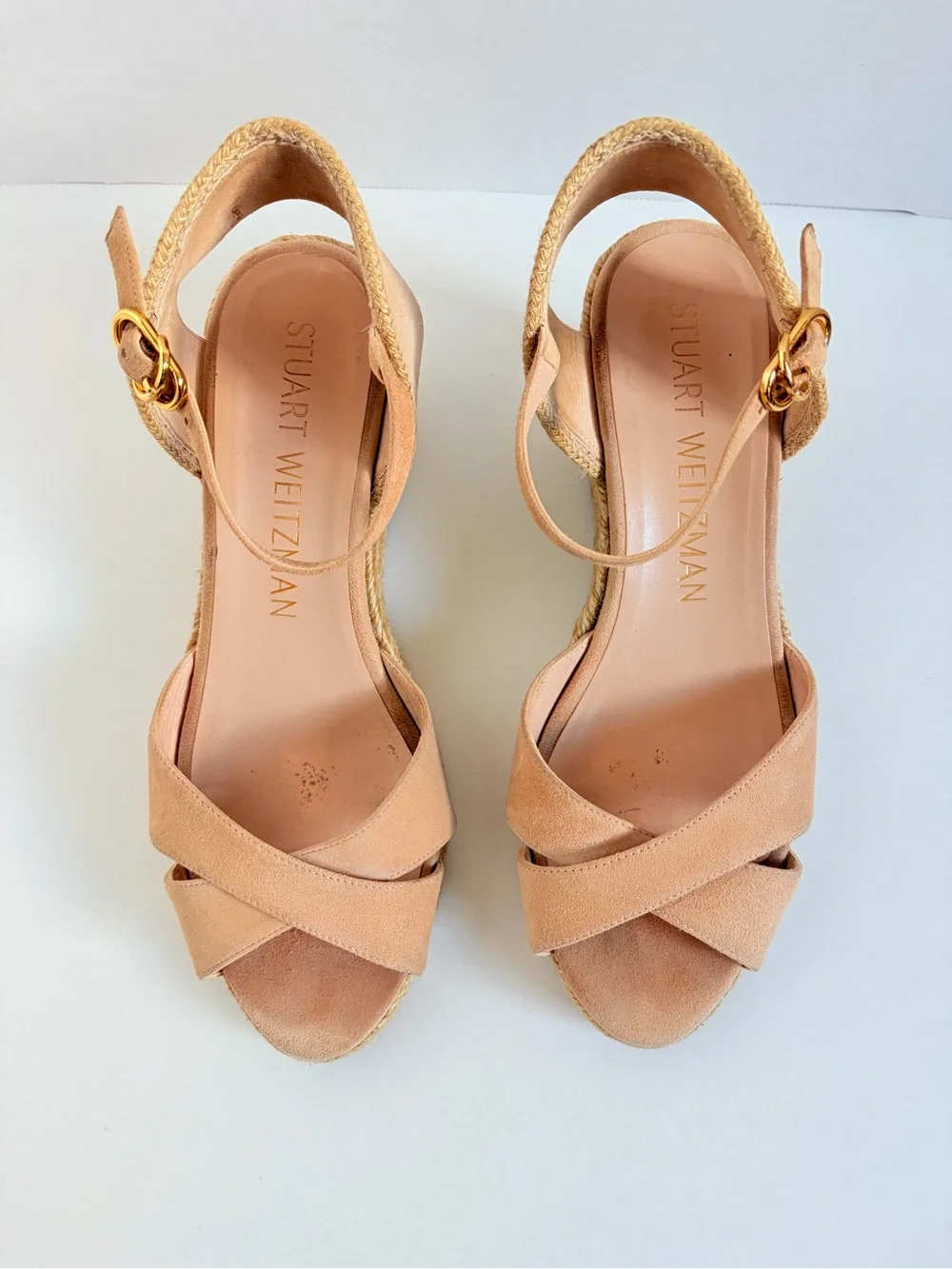 Stuart Weitzman Espadrille Wedge Sandals Platform Suede Raffia Tan Beige Size 9 - Picture 5 of 14